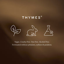 Thymes brand logo with icons of a leaf, rabbit, and beaker on a brown background.