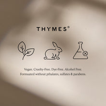 Thymes brand logo with icons and text on a beige background