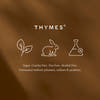 Thymes logo and icons on a brown background with product information text.
