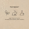 Thymes logo and icons on a beige background with text about product attributes.