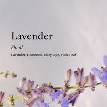 Lavender flowers with text describing the fragrance and associated plants on a light gray background
