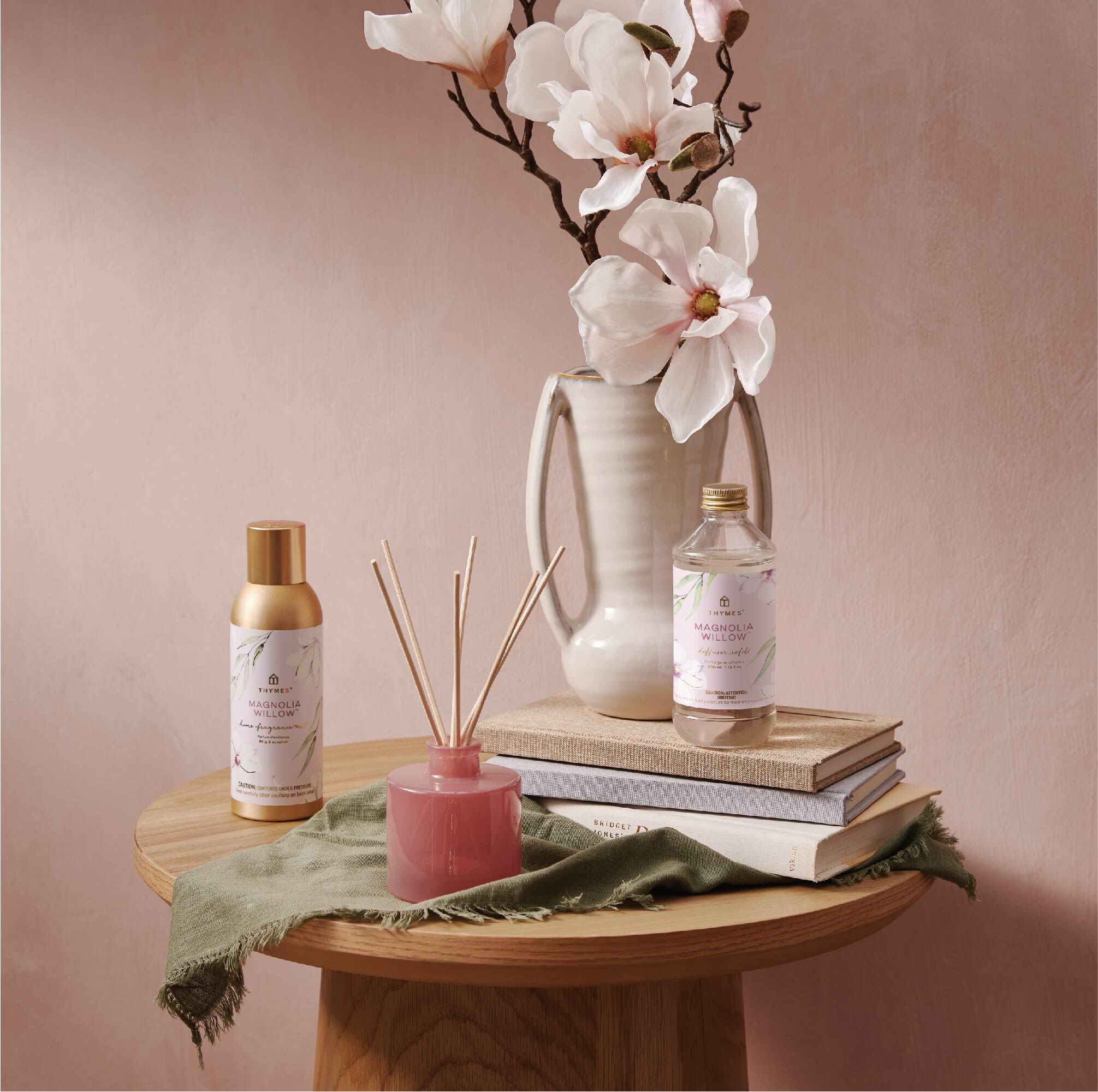 Thymes Magnolia Willow Petite Reed Diffuser in pink blown glass
