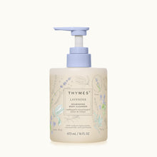 Thymes lavender body cleanser bottle with pump on a white background