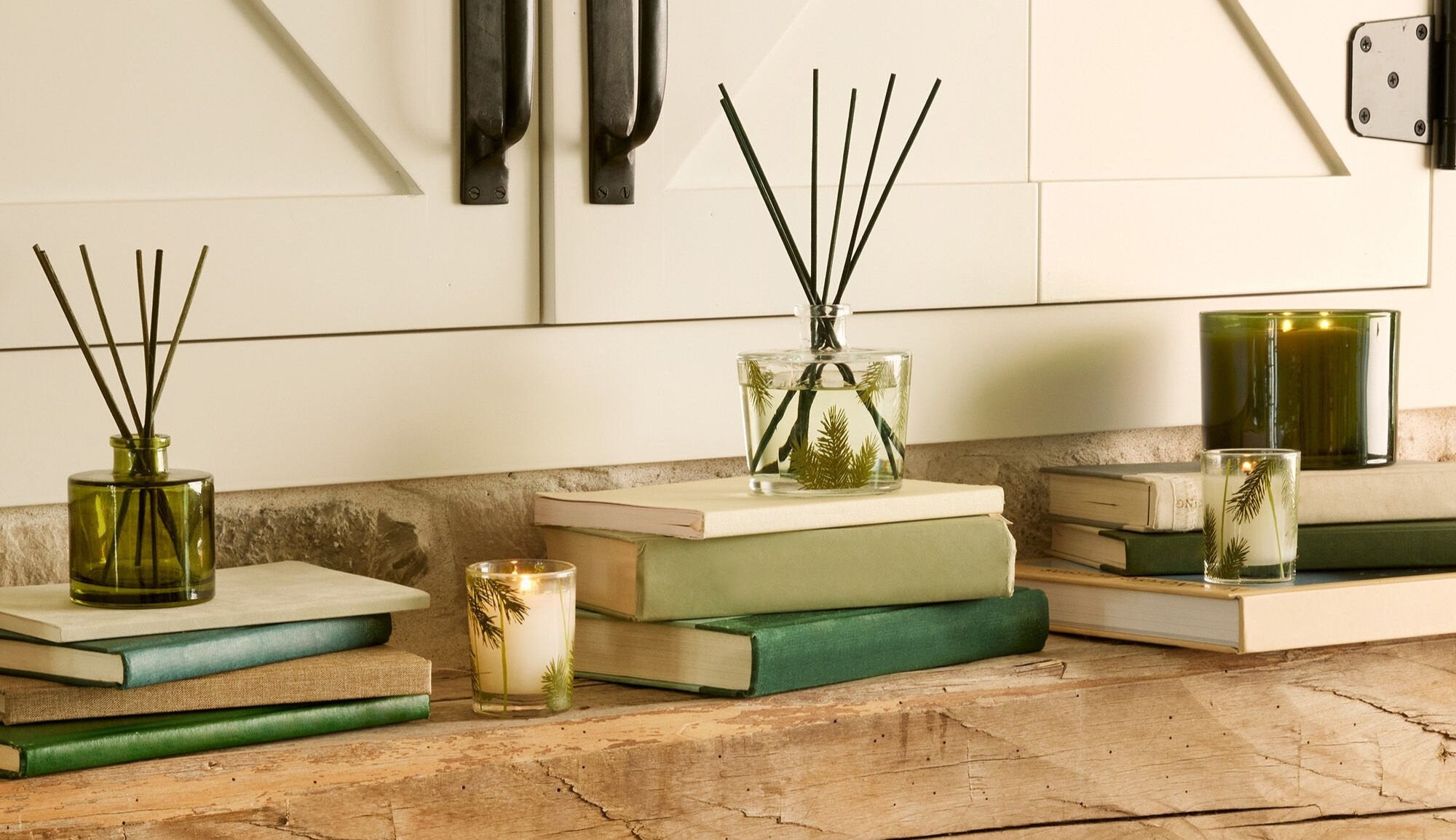 Thymes Frasier Fir Heritage Pine Needle Reed Diffuser on shelf