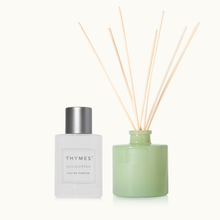 Thymes eucalyptus diffuser bottle with reeds and a reed diffuser on a white background