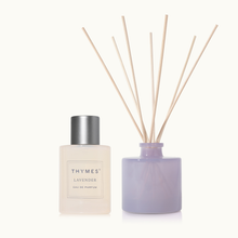 Thymes lavender eau de parfum bottle with diffuser sticks on a white background