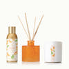 Set of diffuser bottle, orange diffuser with sticks, and candle on a white background