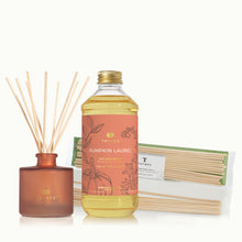 Thymes Pumpkin Laurel diffuser set with bottle, reeds, and packaging on a white background