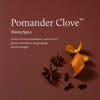 Orange peel curls, star anise, and whole cloves with text identifying the Pomander Clove and its warm/spicy with notes of sweet mandarin, warm clove, green cardamom, tangy ginger and fir boughs.