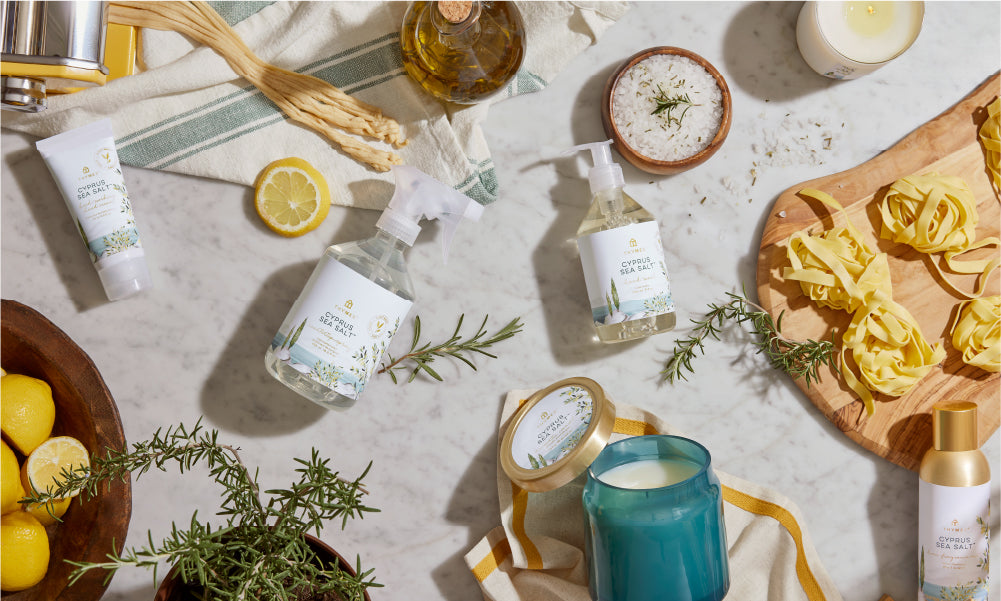 Cyprus Sea Salt fragrance collection featuring countertop spray, candle, hand wash and hand cream