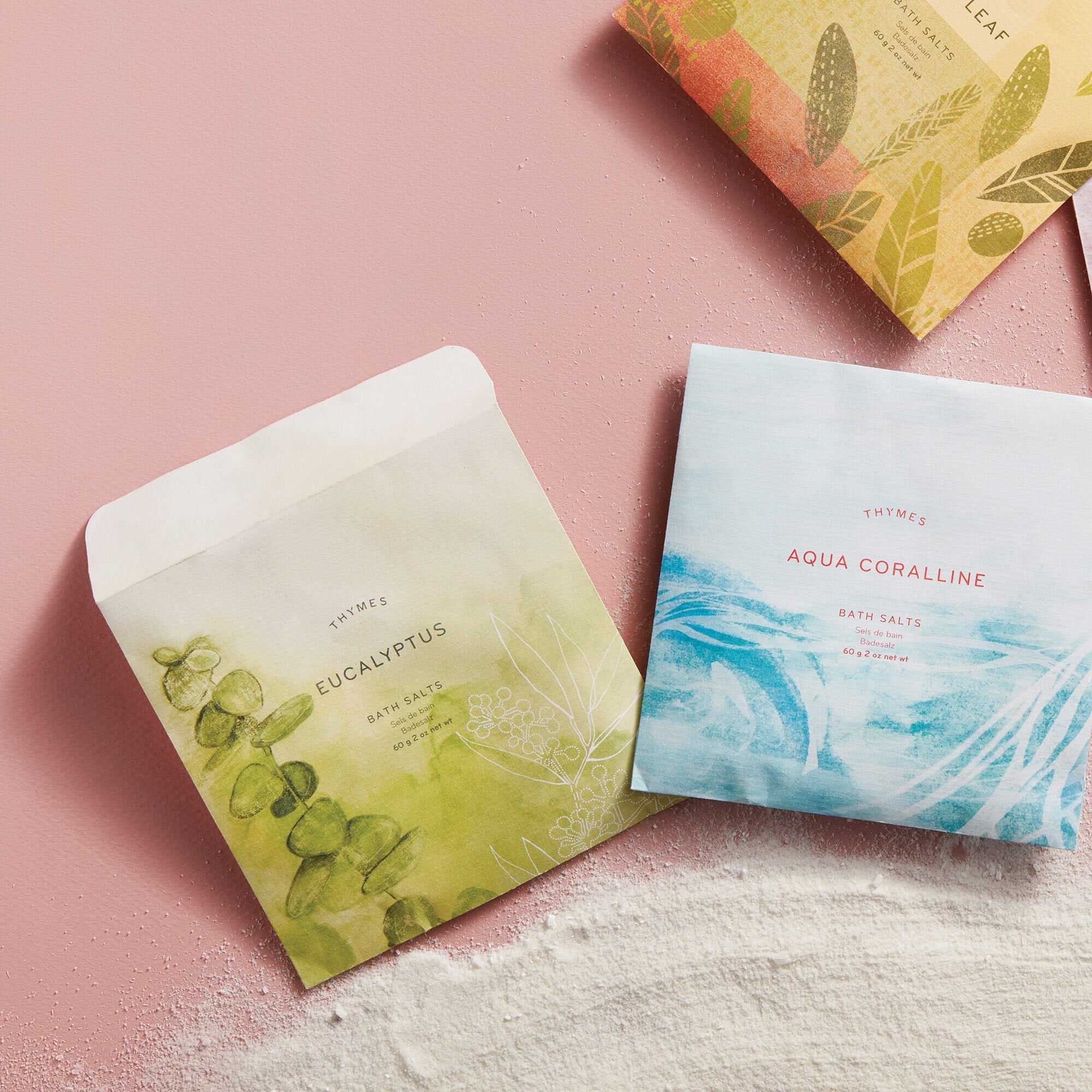 Envelopes of Thymes Bath Salts in Eucalyptus, Olive Leaf and Aqua Coralline fragrances