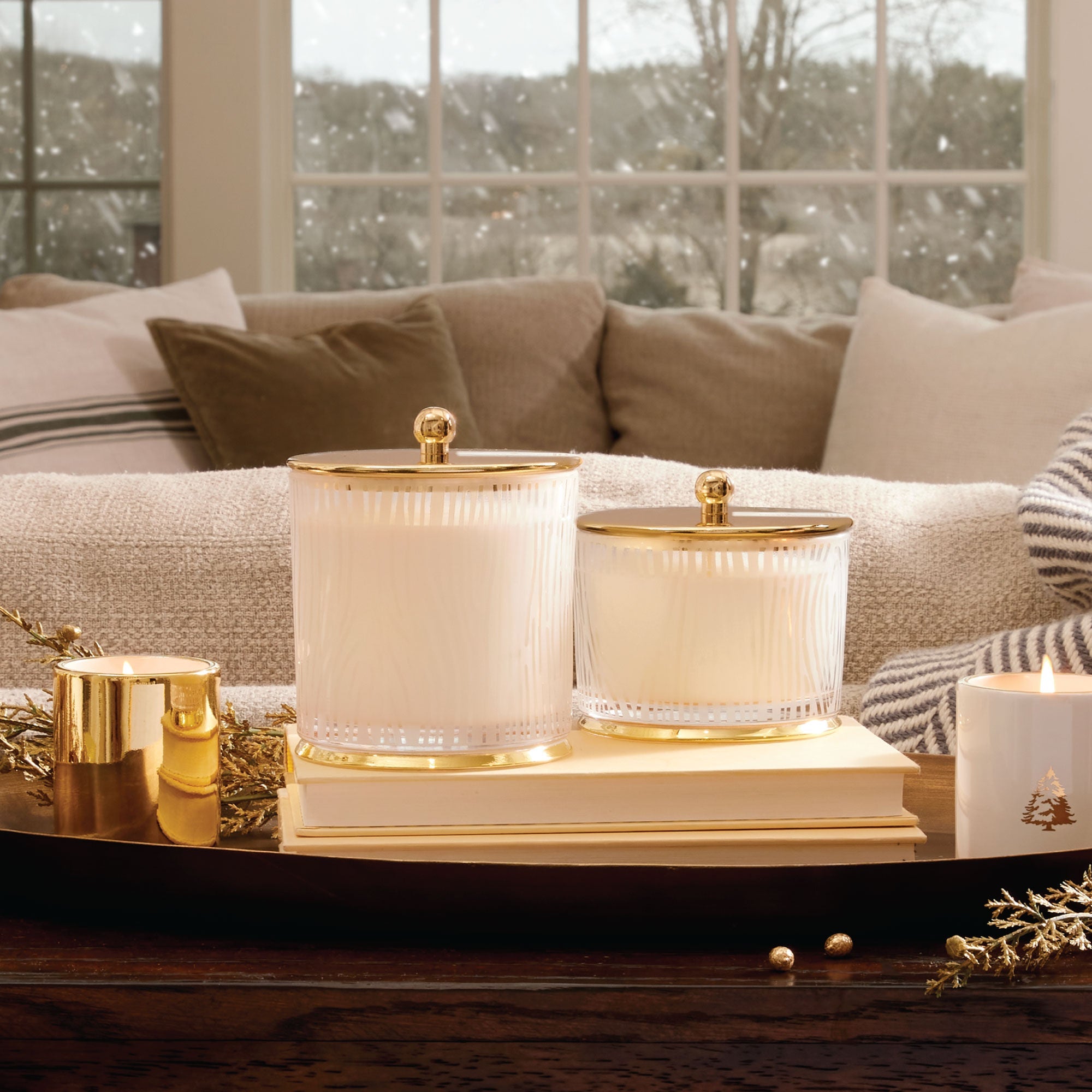 Thymes Frasier Fir in the Gilded finish featuring frosted wood grain candles