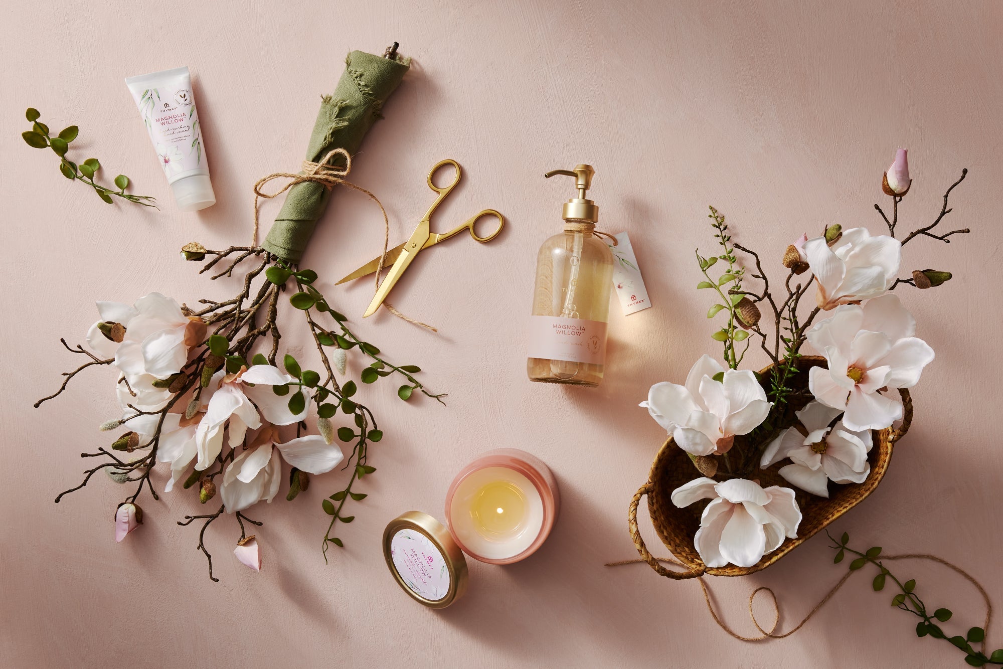 Thymes Magnolia Willow fragrance collection featuring hand wash, hand cream and candle