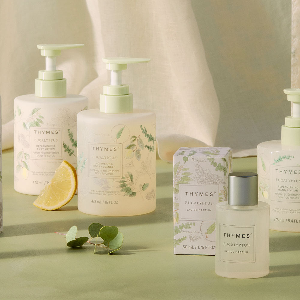 Thymes Eucalyptus fragrance collection featuring body wash, hand cream and hand lotion