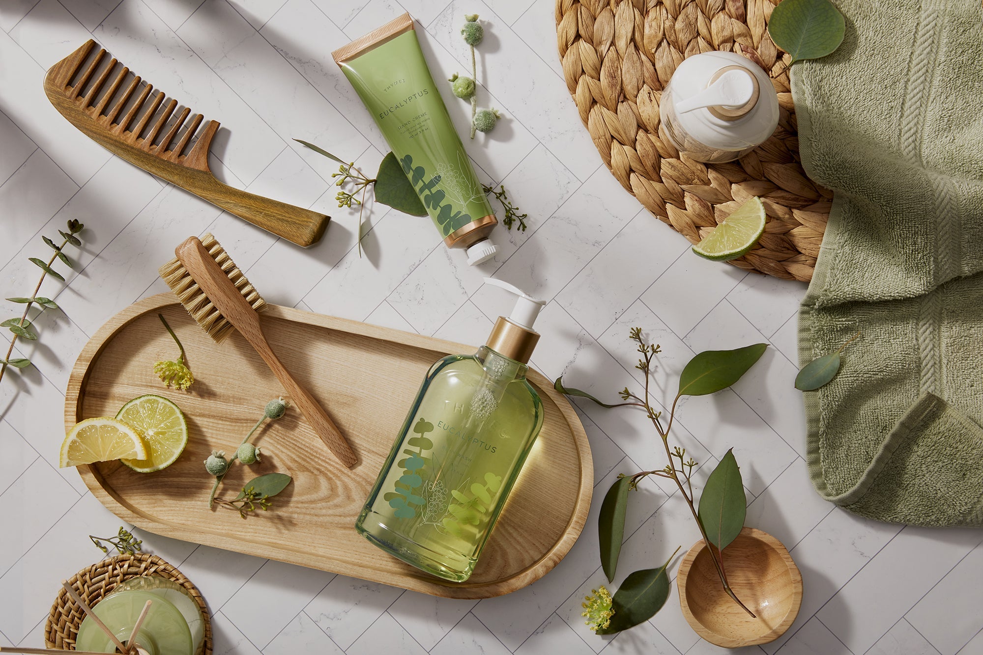 Thymes Eucalyptus fragrance collection featuring body wash, hand cream and hand lotion