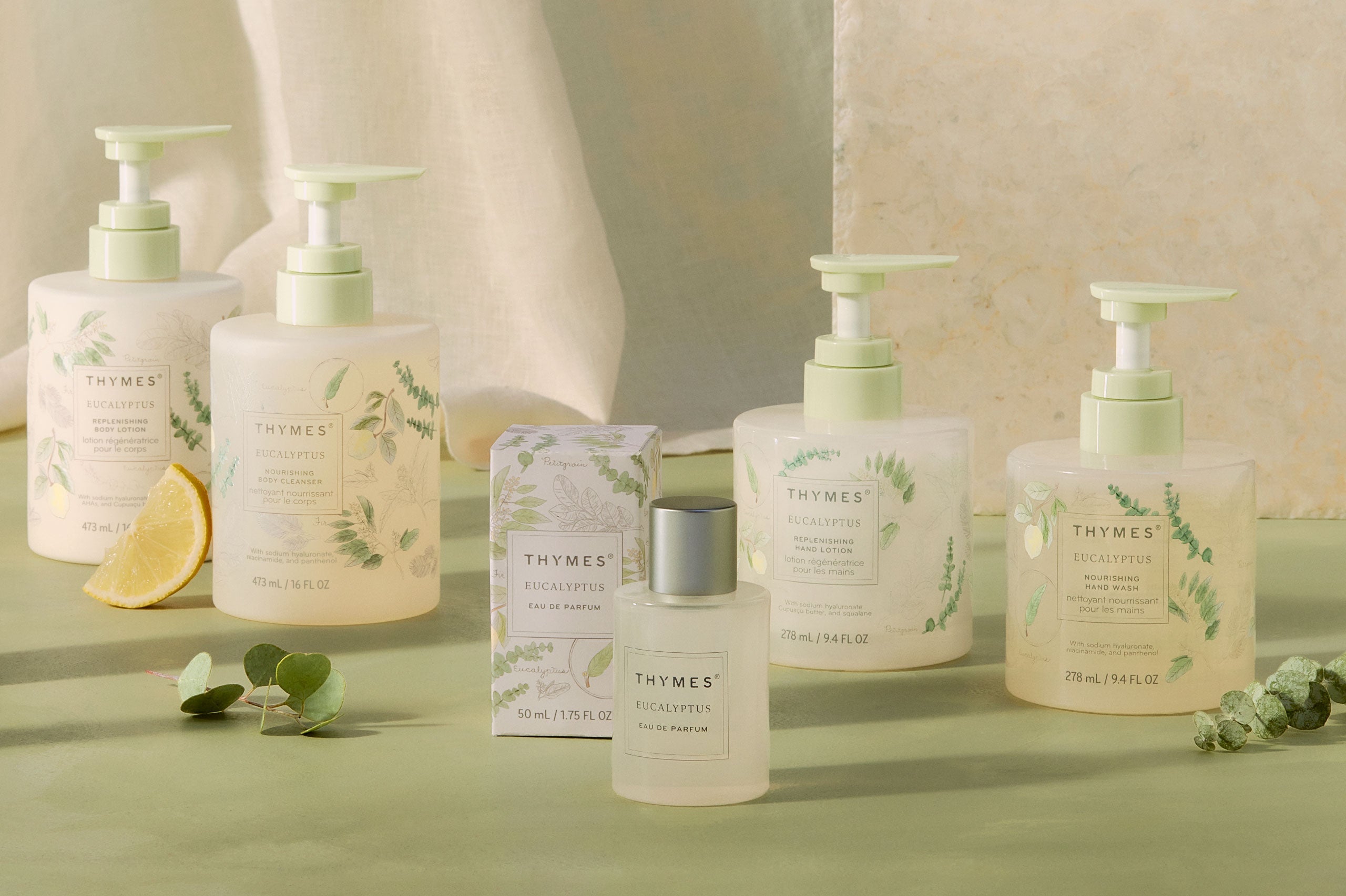 Thymes Eucalyptus fragrance collection featuring body wash, hand cream and hand lotion