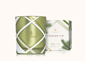 Three different sizes of Frasier Fir Frosted Plaid candles by Thymes
