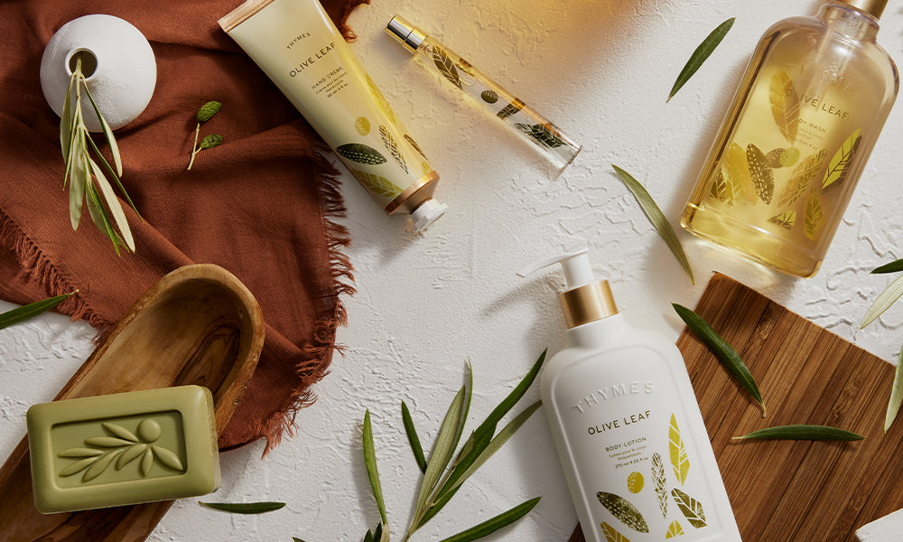 Thymes Olive Leaf fragrance collection featuring bar soap, hand cream, body lotion and body wash