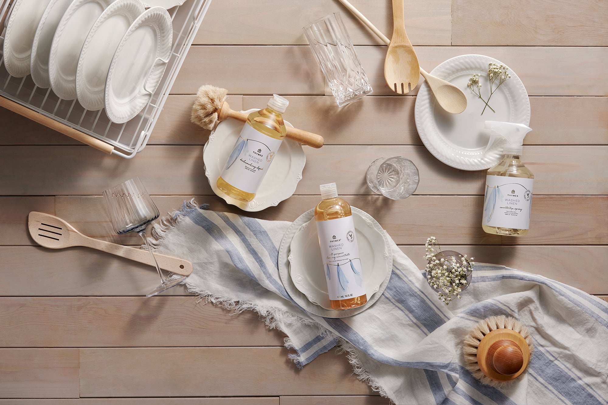 Thymes Washed Linen fragrance collections including countertop spray, dishwashing liquid and all-purpose cleaning concentrate