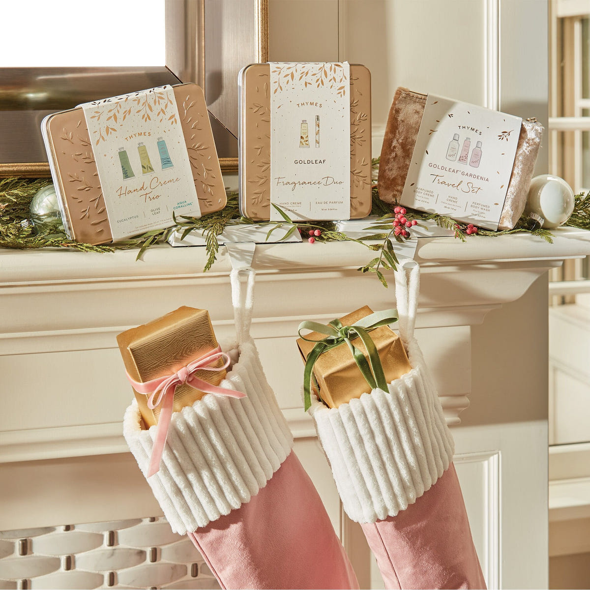 Christmas Stockings filled with gifts on a fireplace mantle