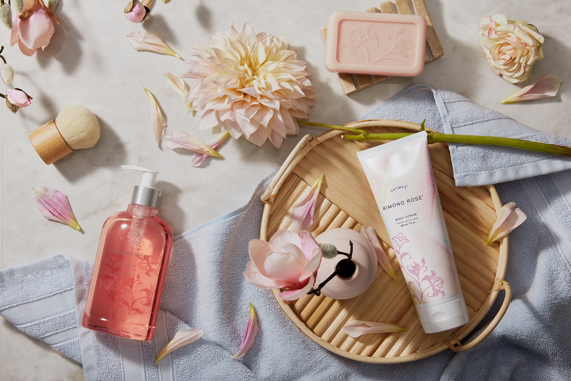 Thymes Kimono Rose fragrance collection featuring bar soap, body wash and body scrub