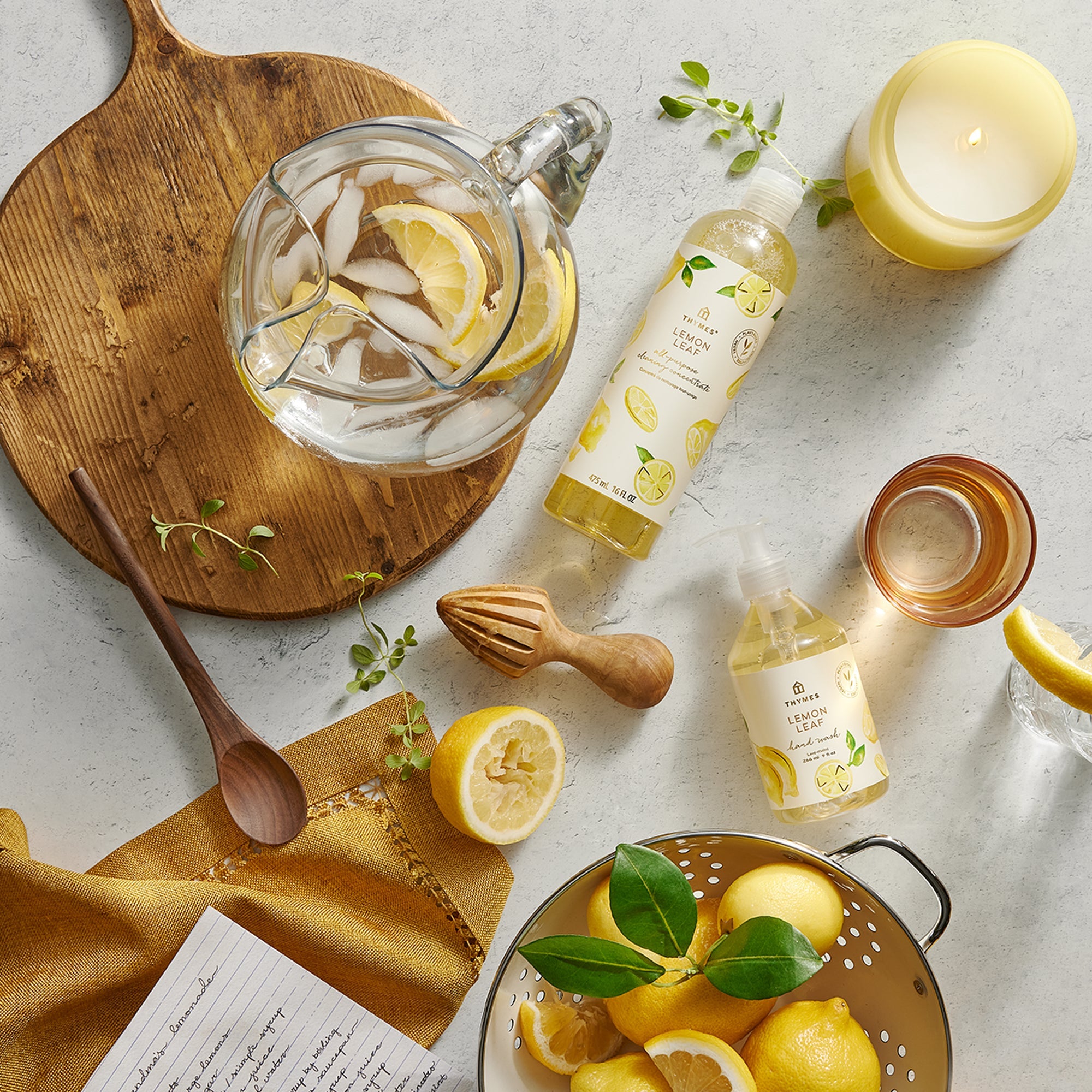 Thymes Lemon Leaf fragrance collection featuring candle, all purpose cleaning concentrate and hand wash