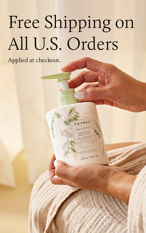Person holding a Thymes product with free shipping text overlay