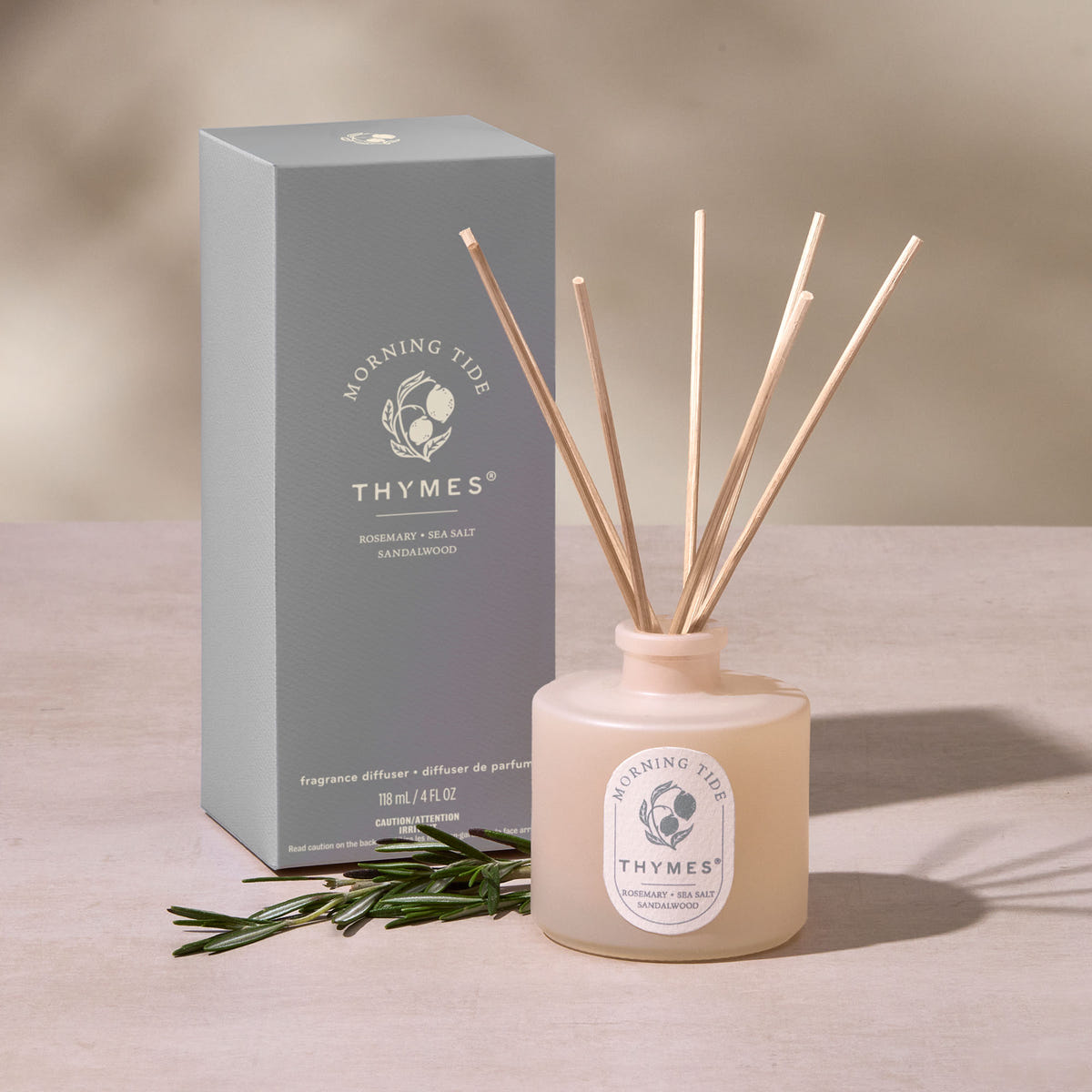 Alternate image of Thymes diffuser with packaging on a neutral background