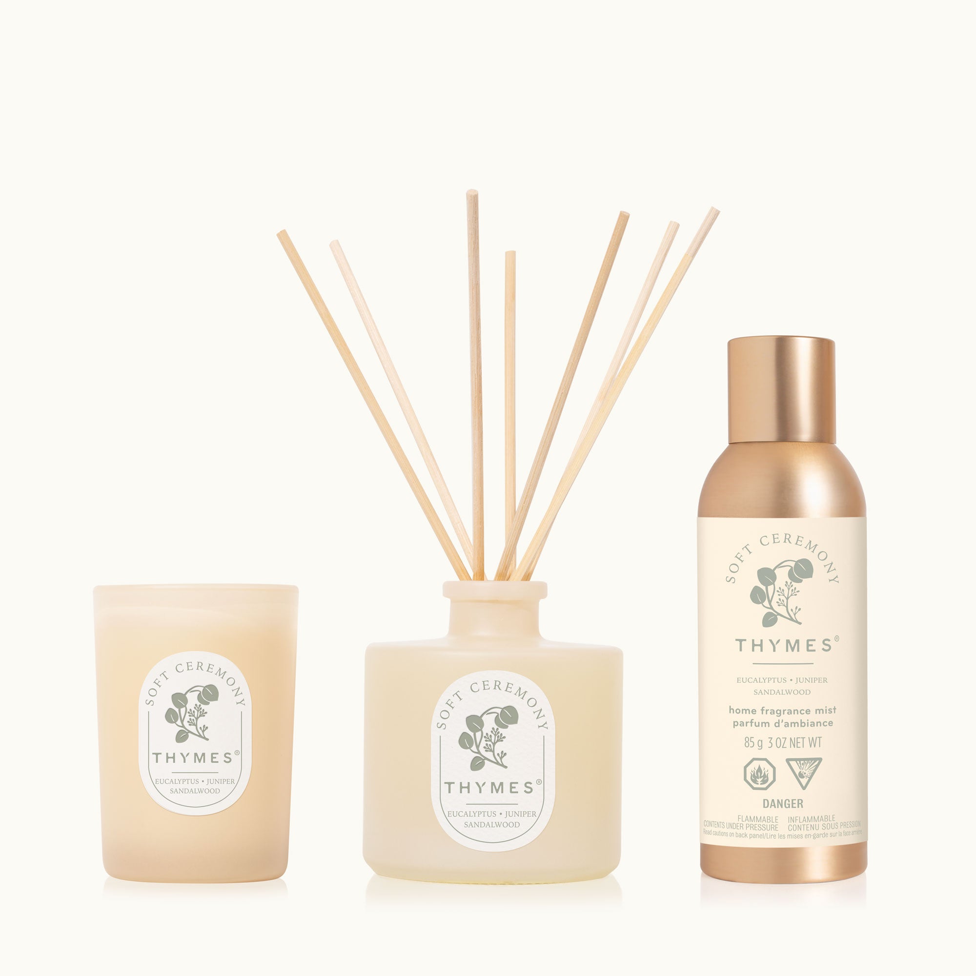 Thymes product set including a candle, diffuser, and spray bottle on a white background