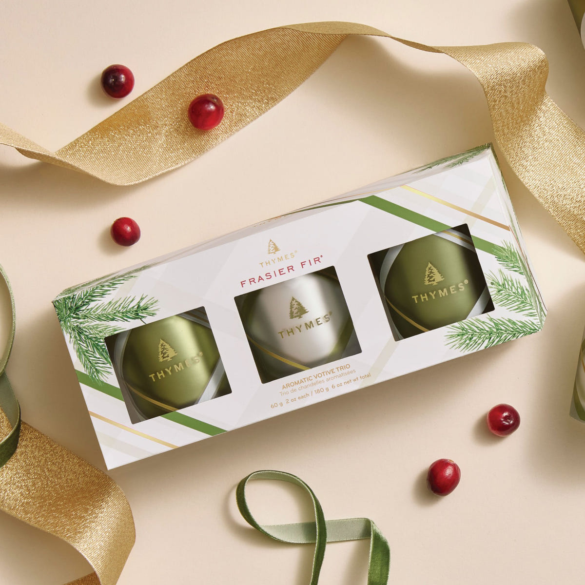 Alternate image of Thymes Frasier Fir Frosted Plaid Votive Candle Trio In Box