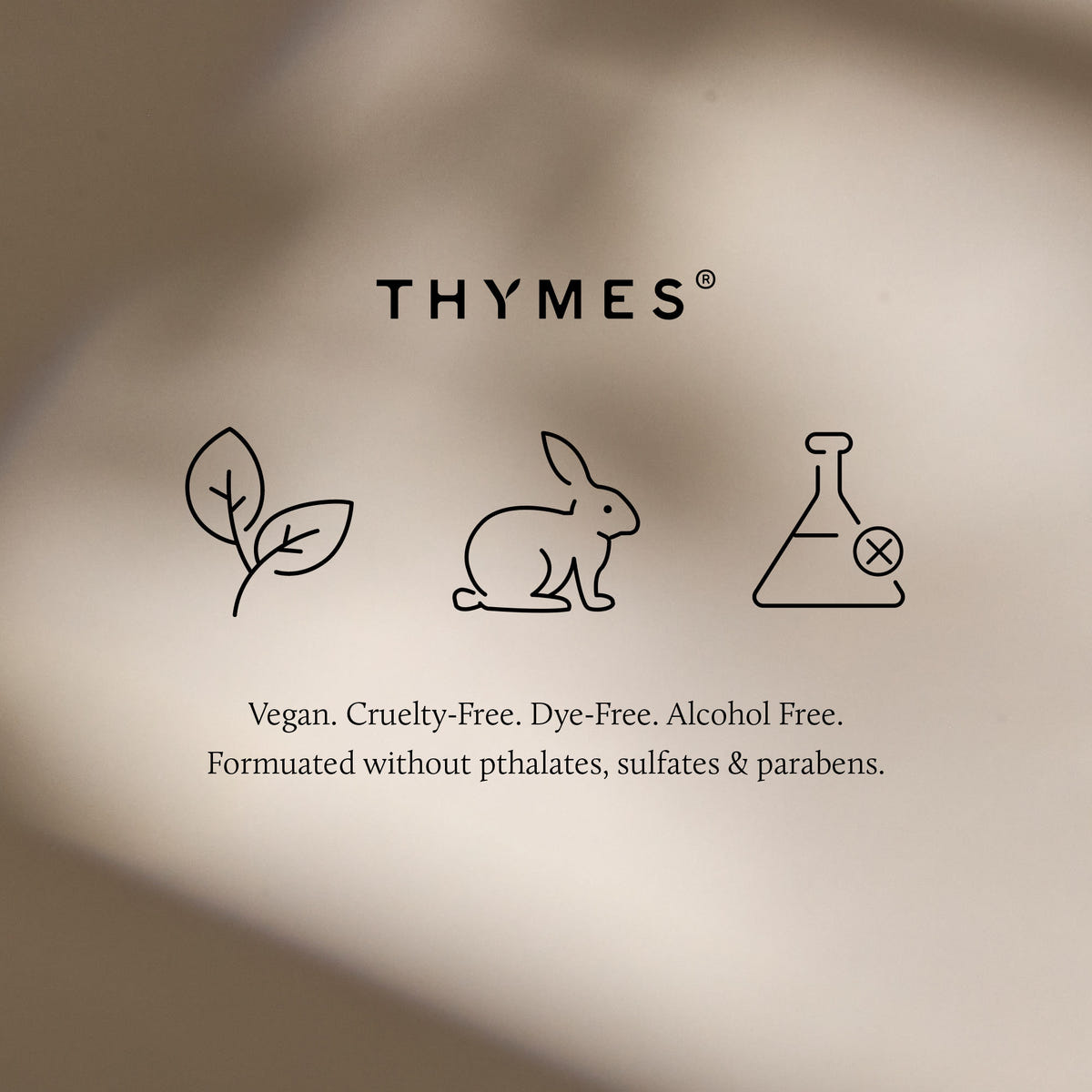 Thymes brand logo with icons and text on a beige background