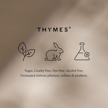 Thymes brand logo with icons and text on a beige background