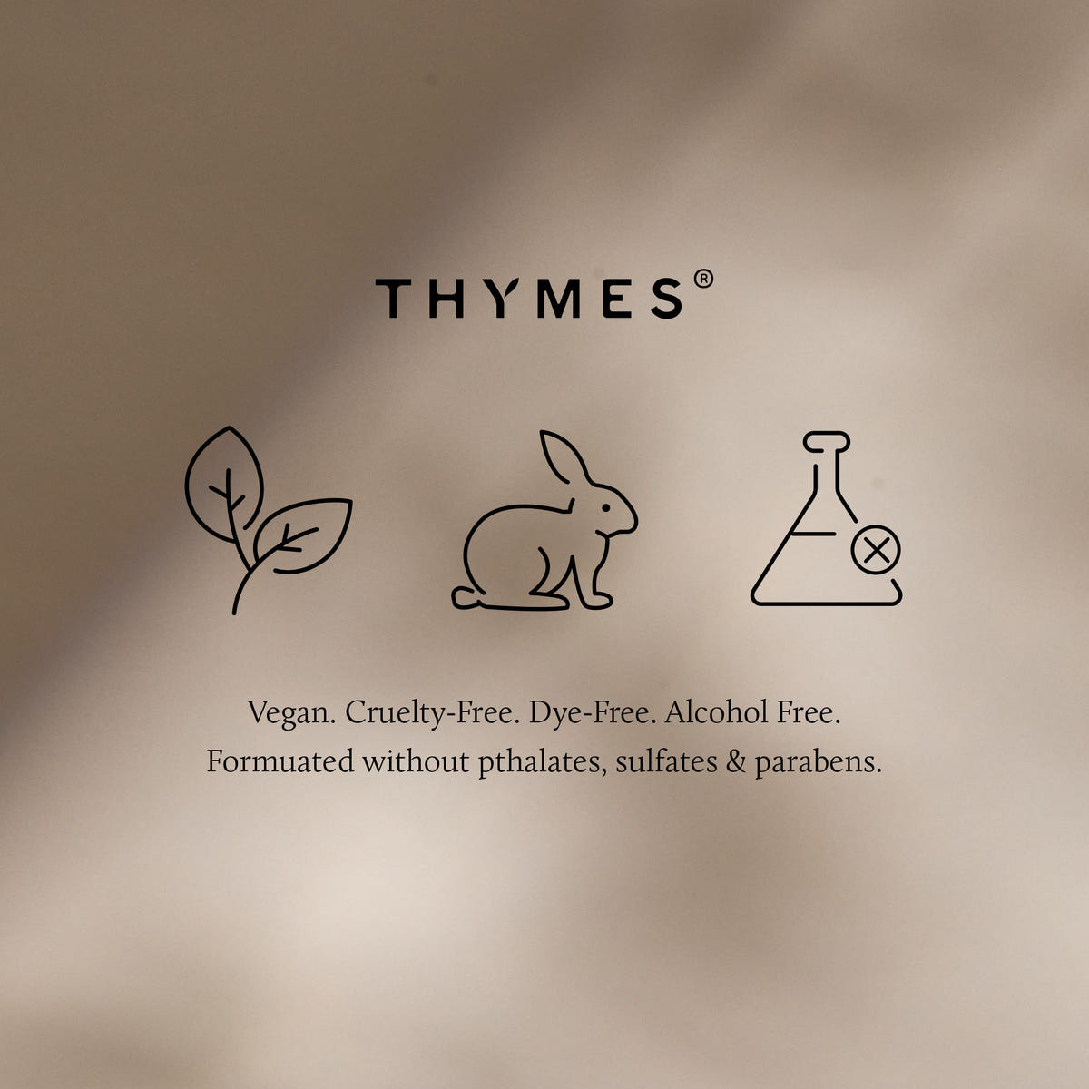 Thymes brand logo with icons and text on a beige background