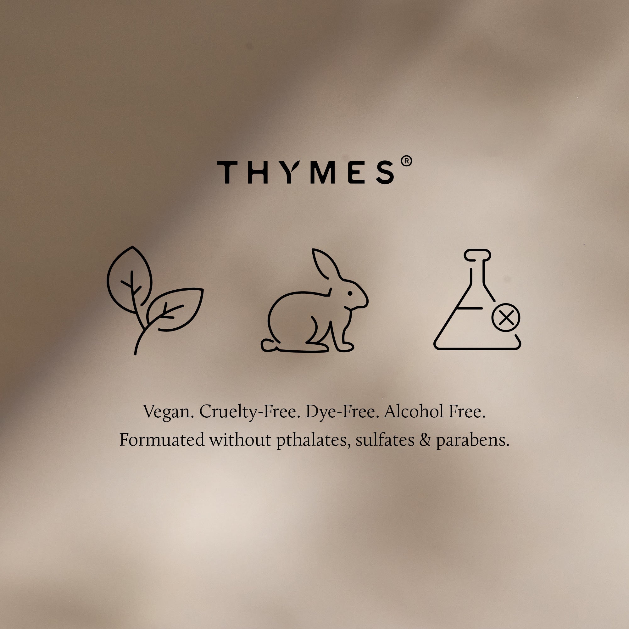 Thymes brand logo with icons and text on a beige background