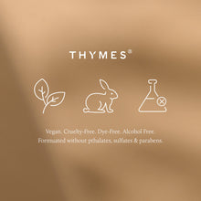 Thymes logo with icons of a leaf, rabbit, and beaker on a brown background.