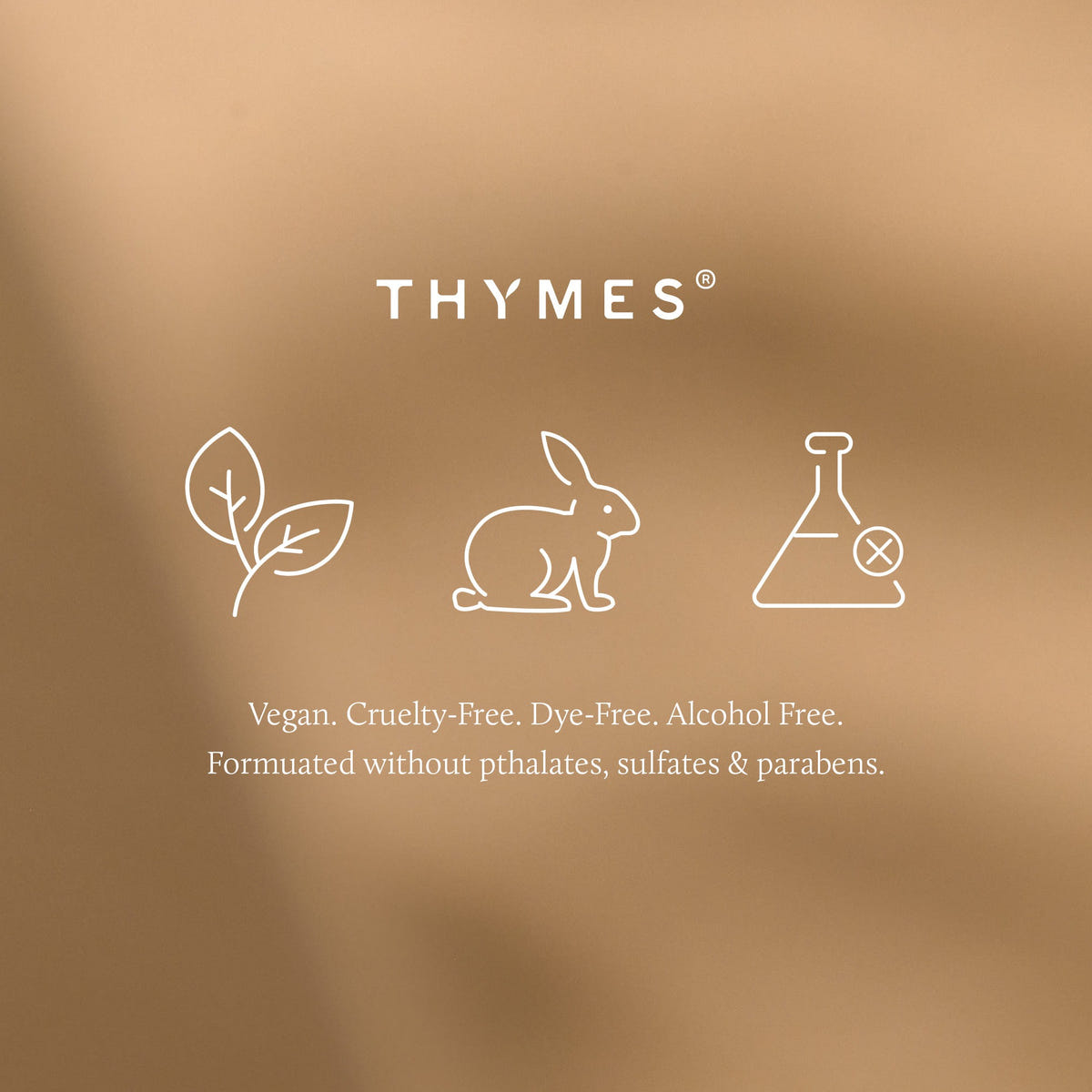 Thymes logo with icons of a leaf, rabbit, and beaker on a brown background.