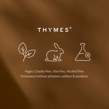 Thymes logo and icons on a brown background with product information text.