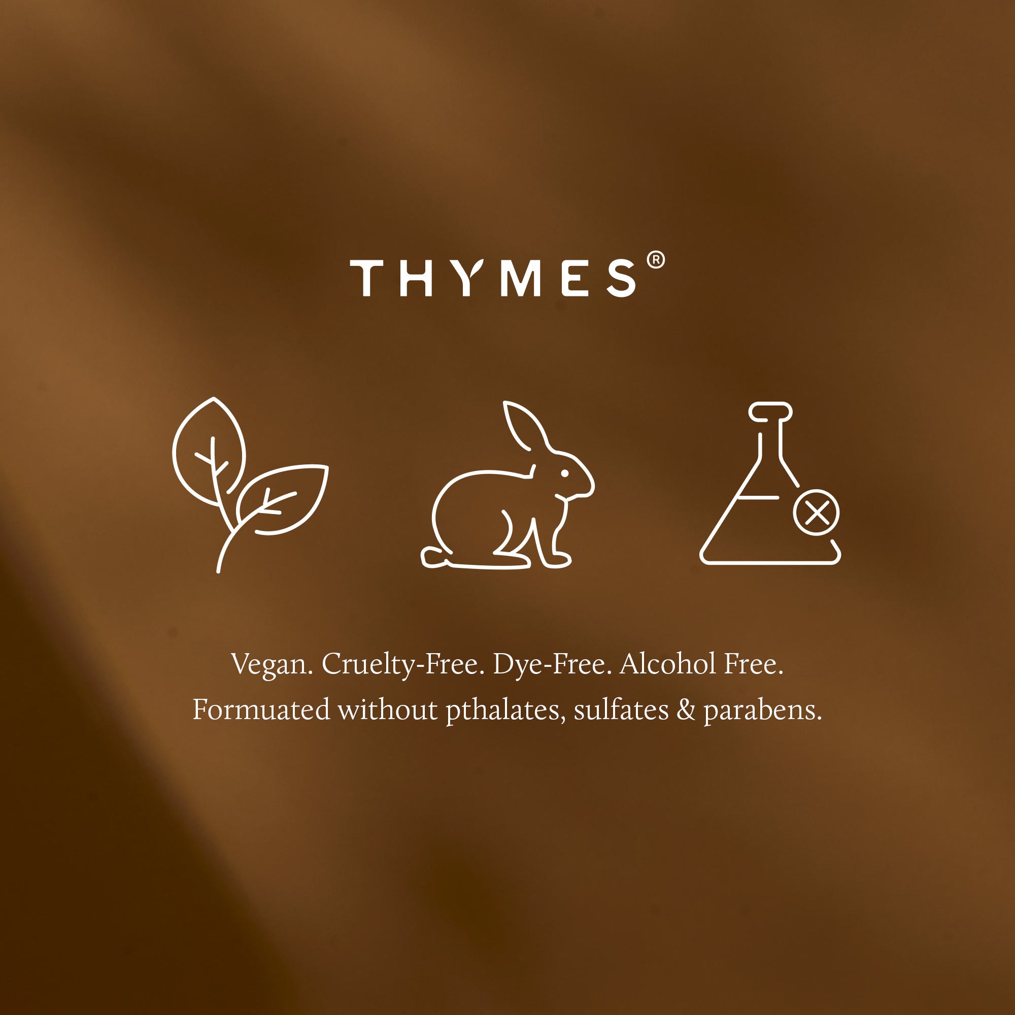 Thymes logo and icons on a brown background with product information text.