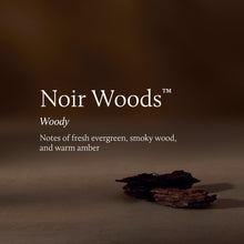 'Noir Woods' with dried wood pieces on a brown background
