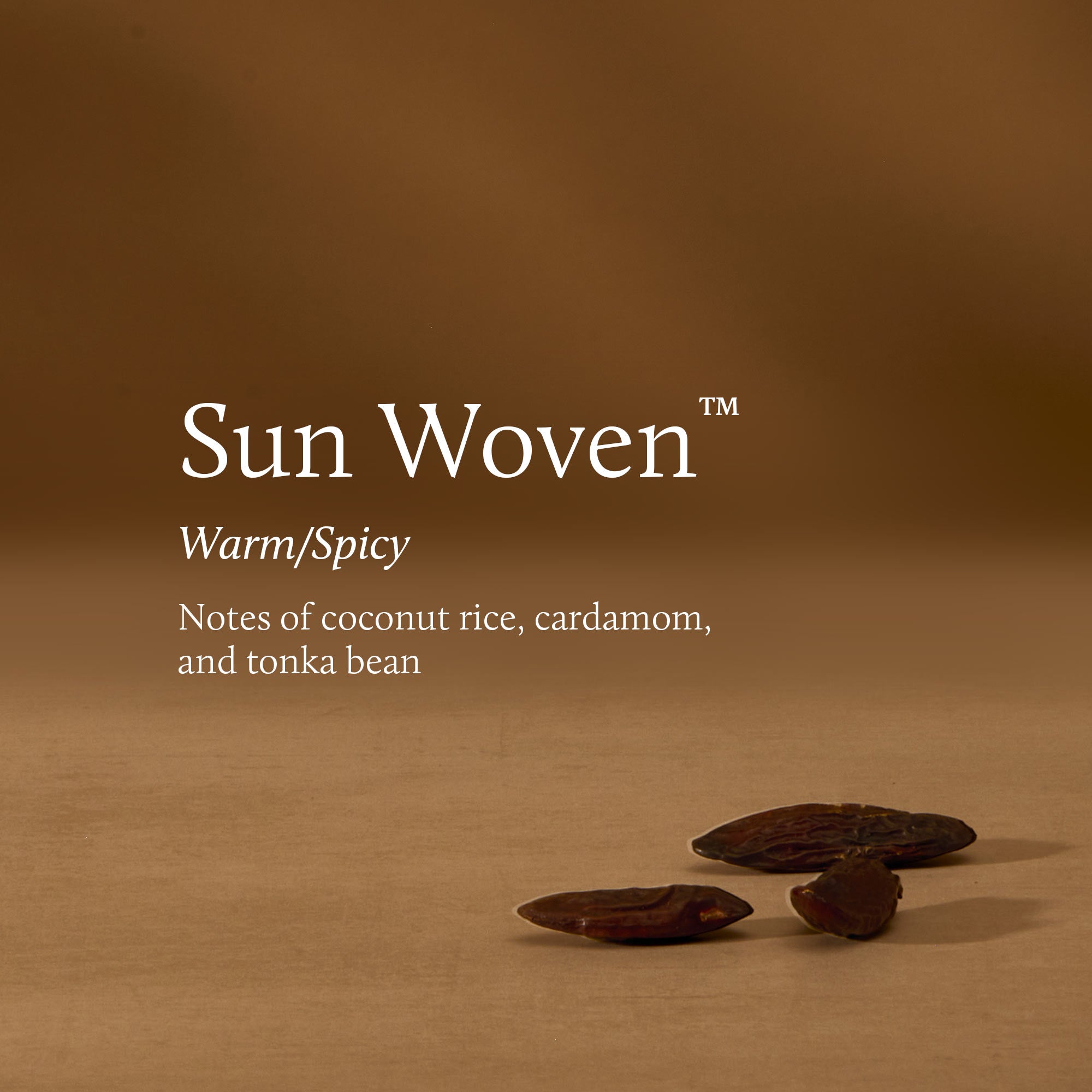 Three dark brown beans on a brown background with 'Sun Woven' branding and description.