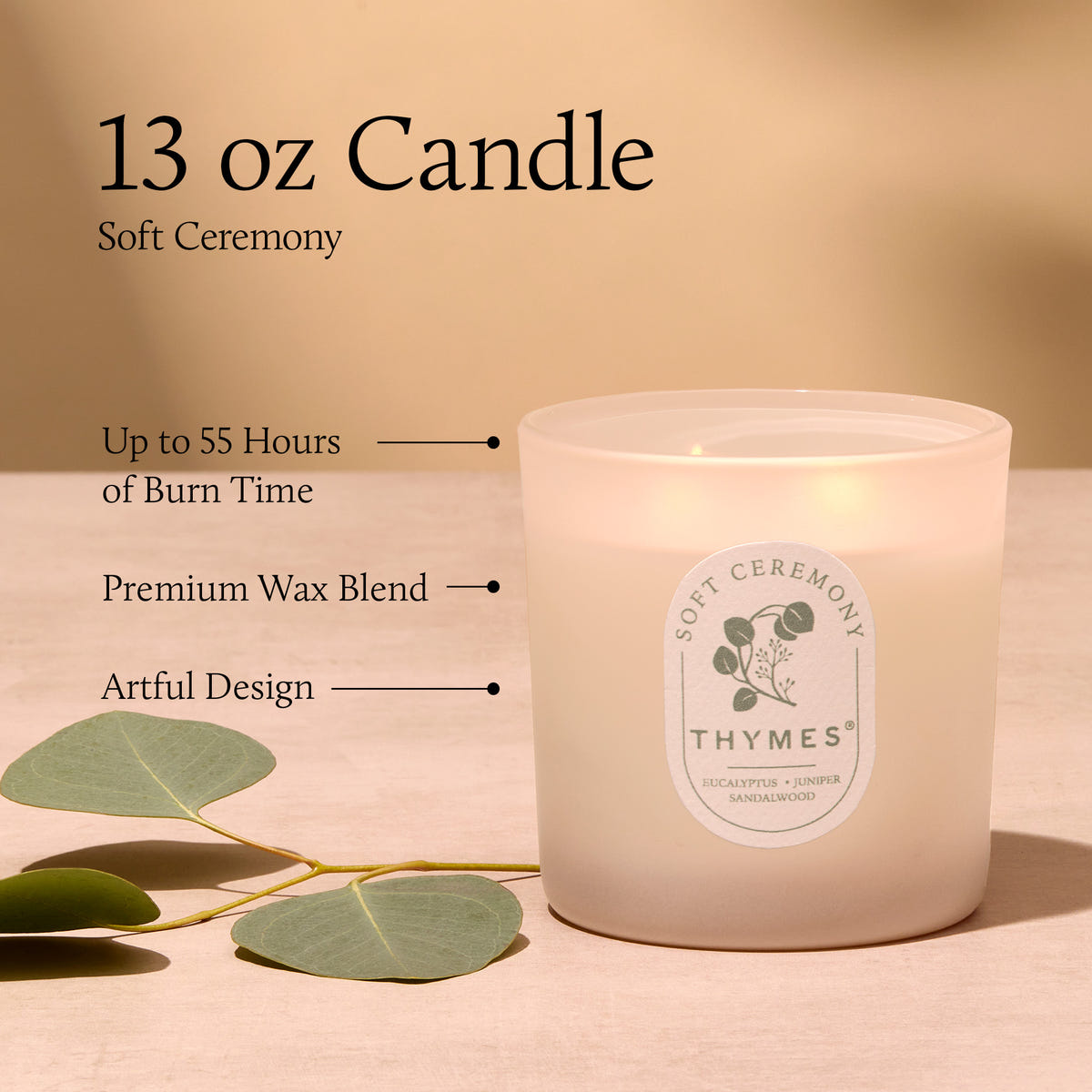 Thymes candle with label on a beige background