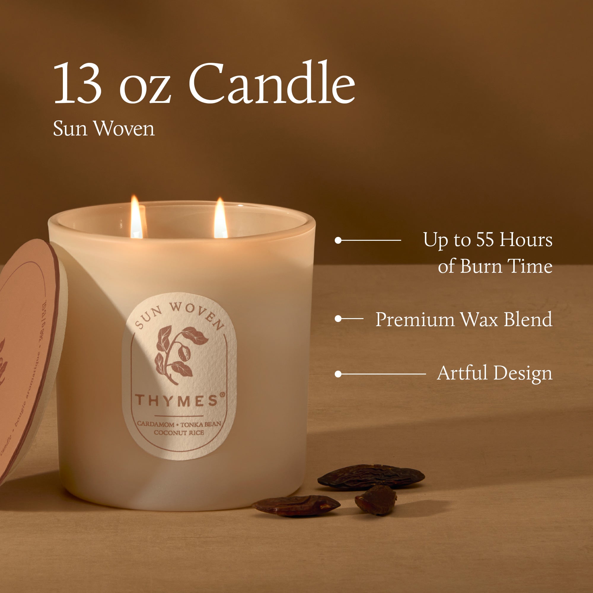 Thymes candle with label on a brown background