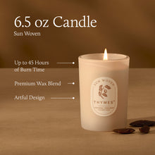Thymes candle with features listed on a brown background