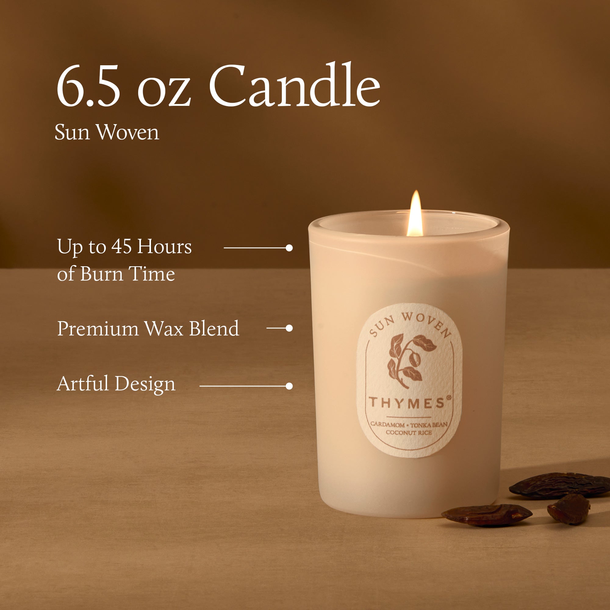Thymes candle with features listed on a brown background