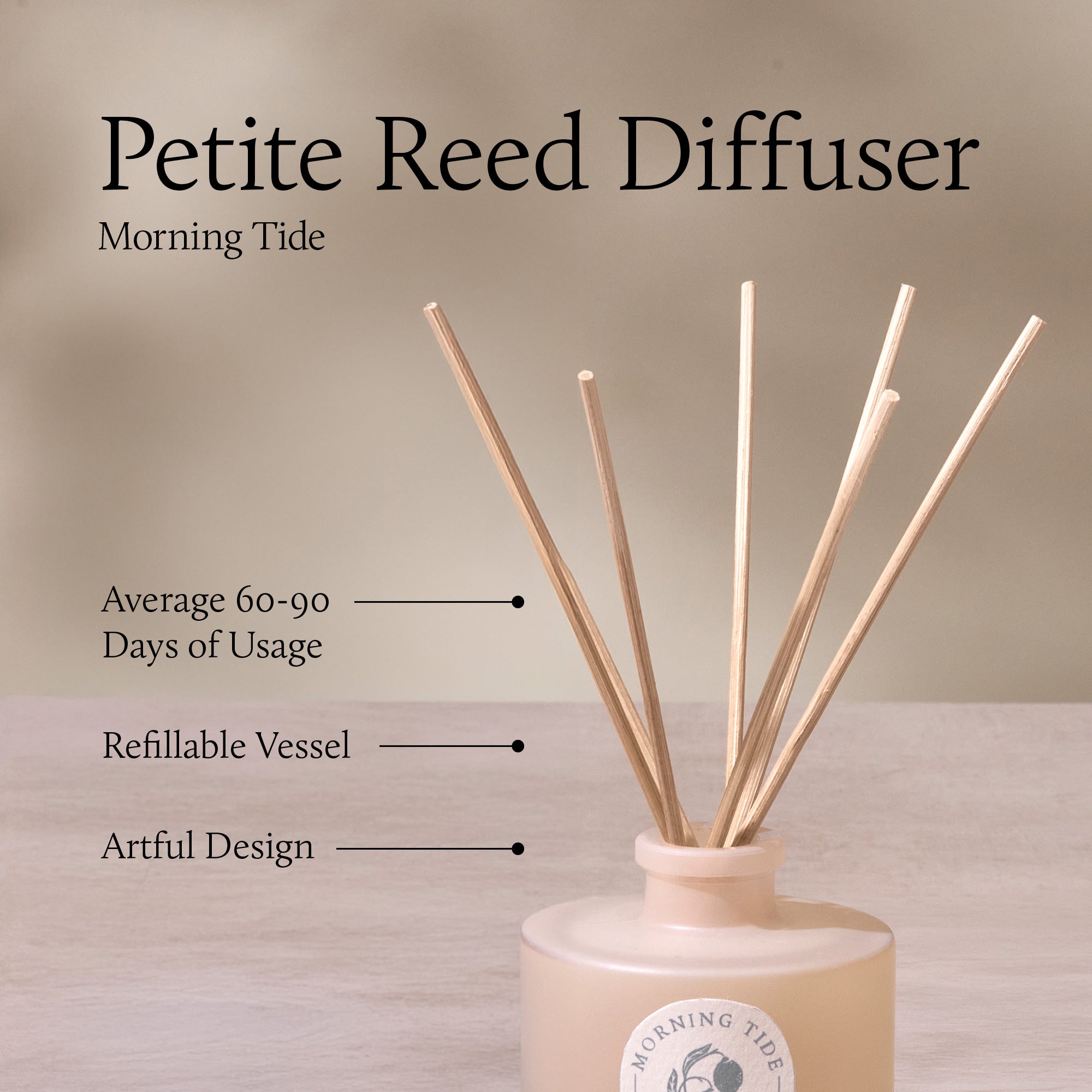 Petite Reed Diffuser with Morning Tide branding on a neutral background