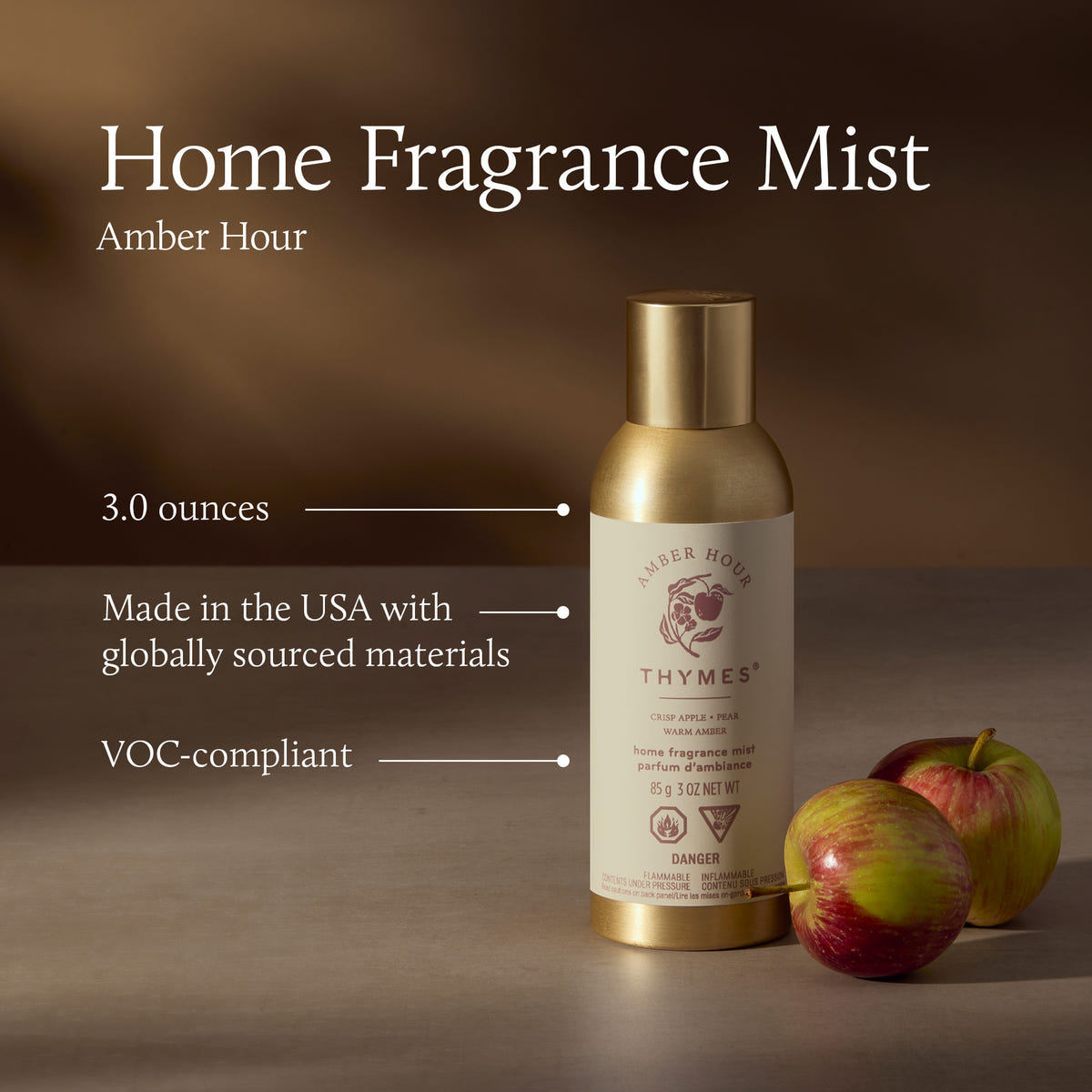 Thymes Home Fragrance Mist bottle with apples on a brown background