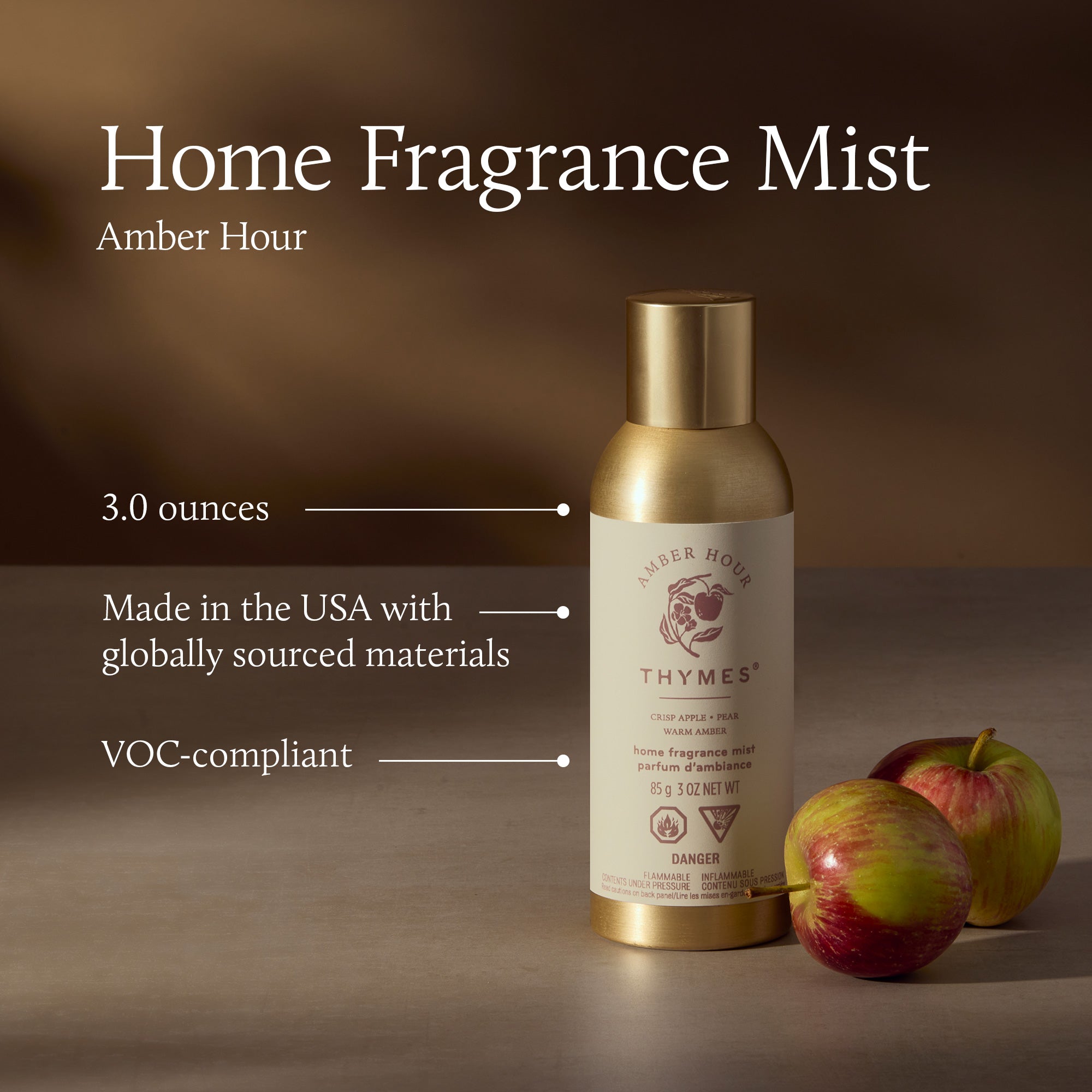 Thymes Home Fragrance Mist bottle with apples on a brown background
