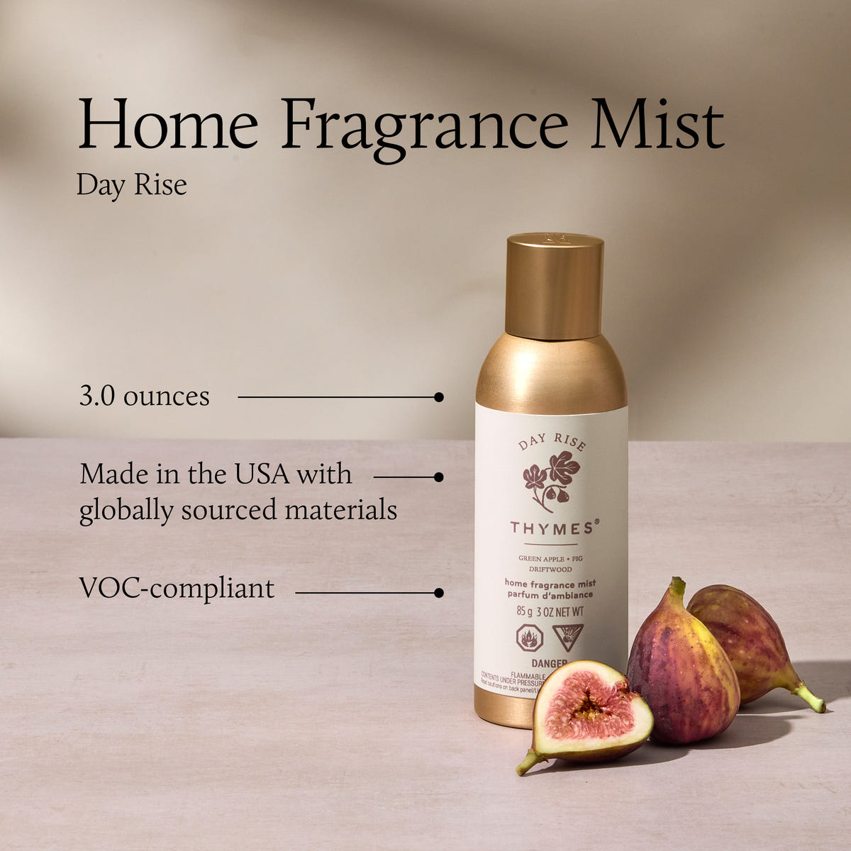 Thymes home fragrance mist bottle with figs on a neutral background