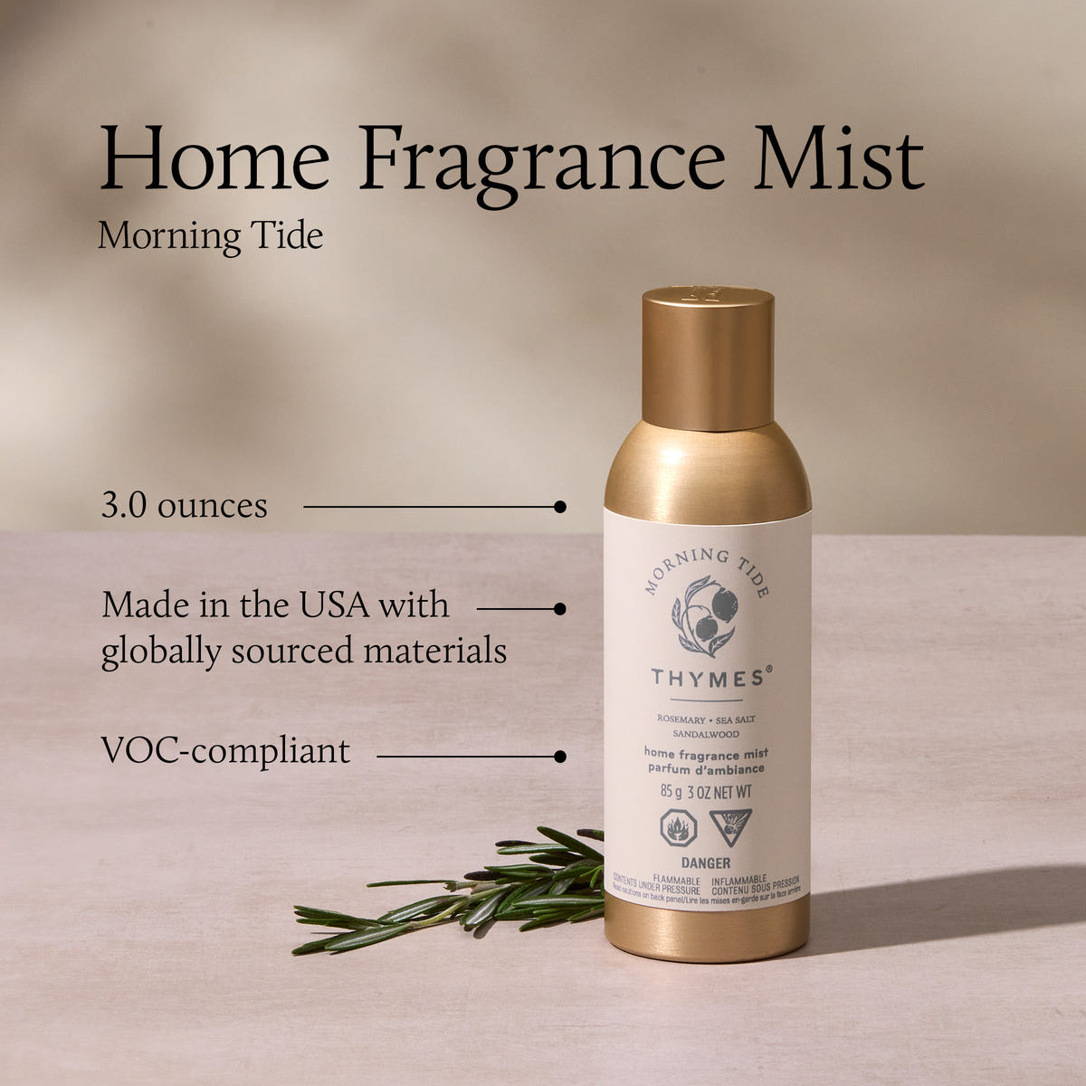 Thymes Home Fragrance Mist bottle with label on a beige background