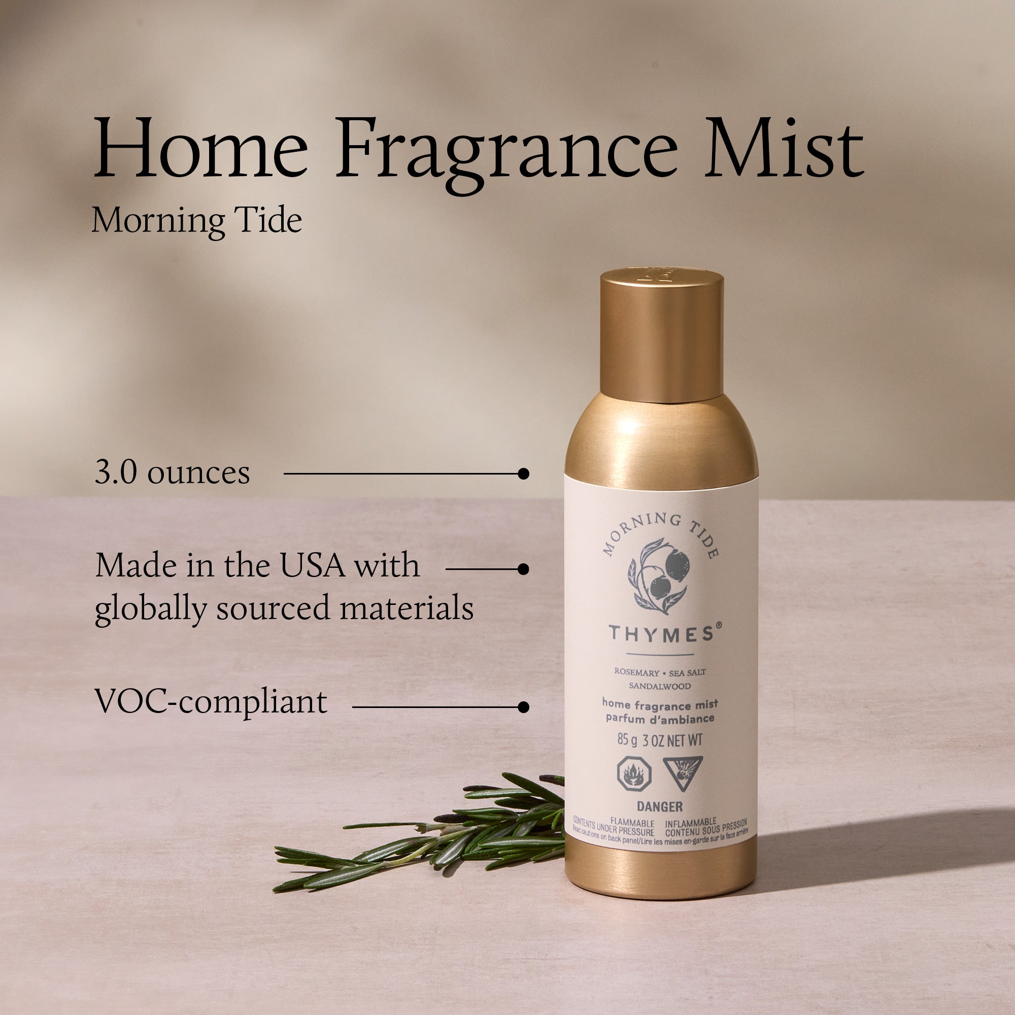 Thymes Home Fragrance Mist bottle with label on a beige background